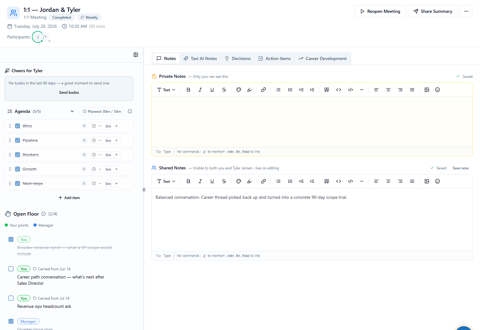 Meeting and 1:1 conversation interface