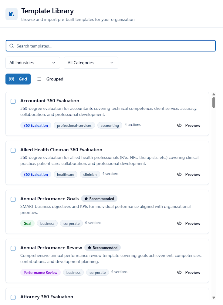 Elairo review template library with search, filters, and importable performance and 360 review templates.