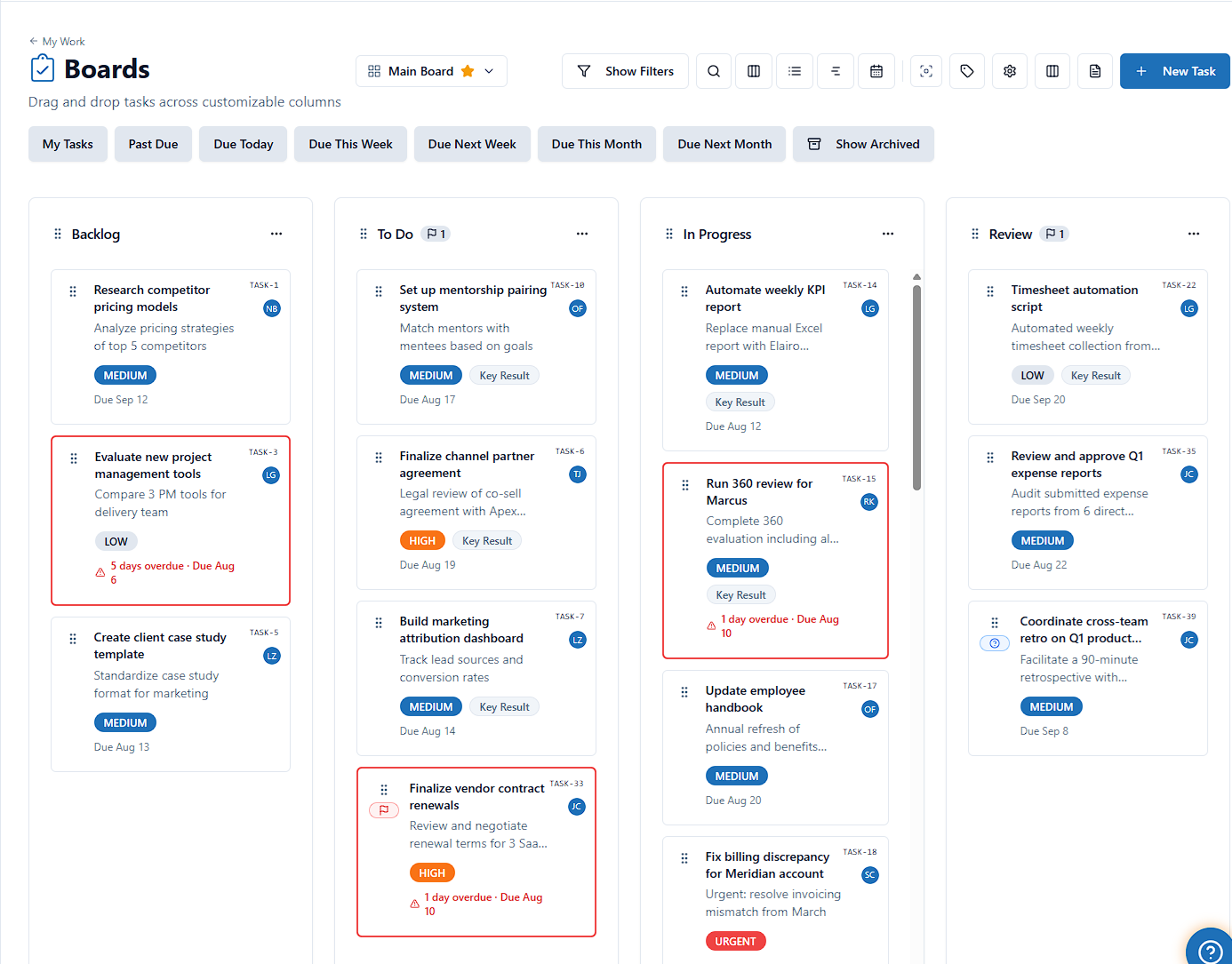 Boards Kanban view with Backlog, To Do, In Progress, and Review columns of task cards