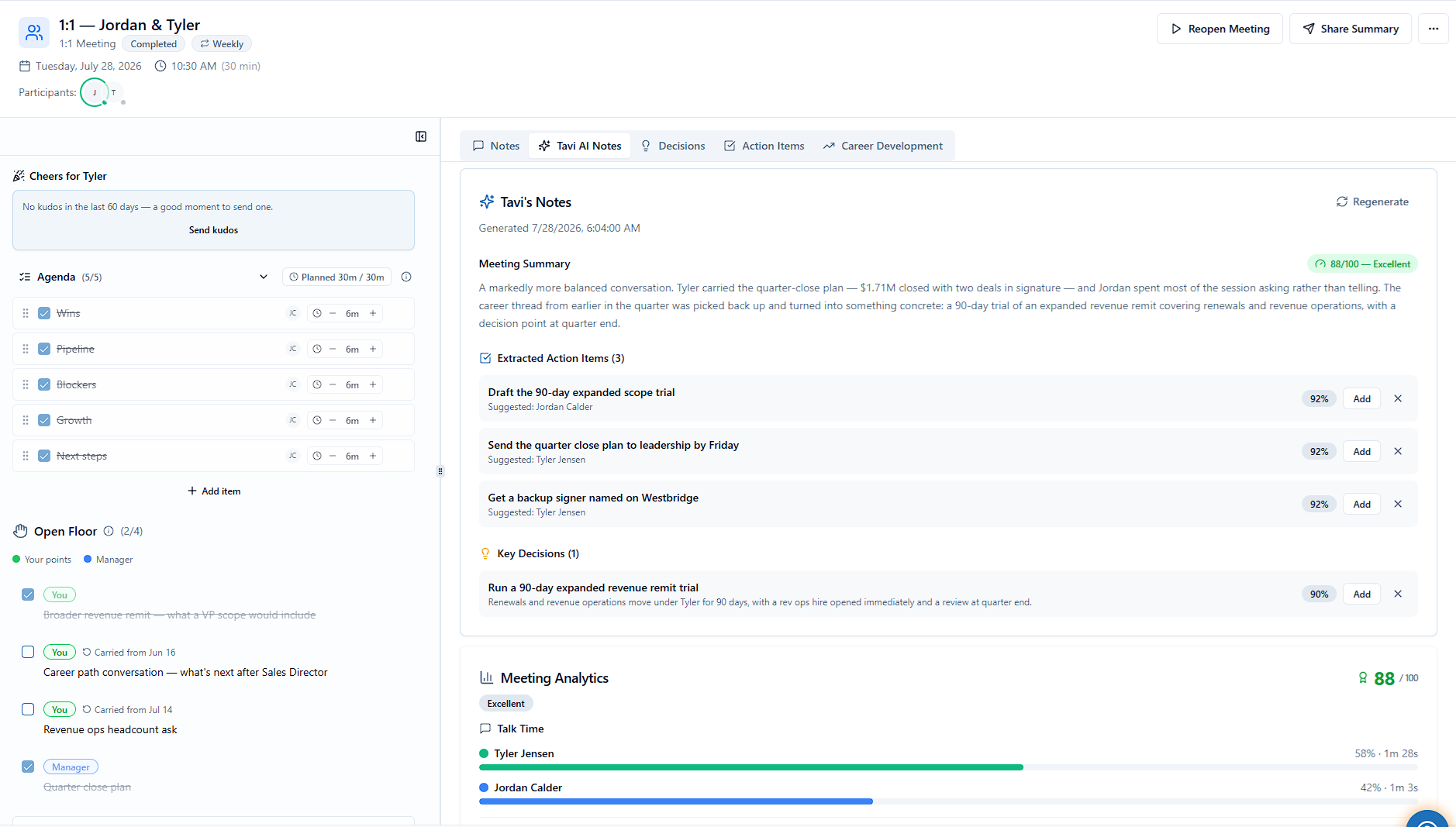Elairo meeting detail showing Tavi's AI summary, extracted action items with confidence scores, key decisions, and talk-time analytics.