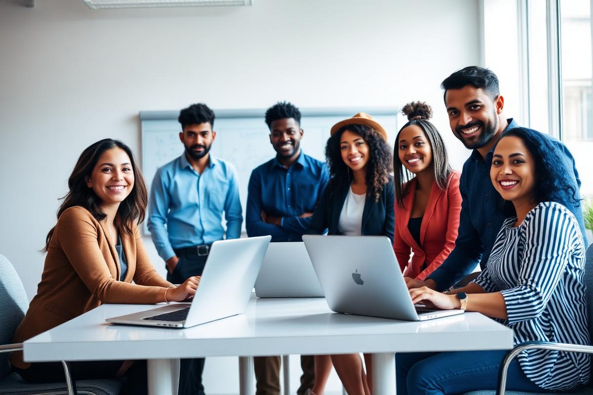 A business leadership team in a strategy session around an open laptop