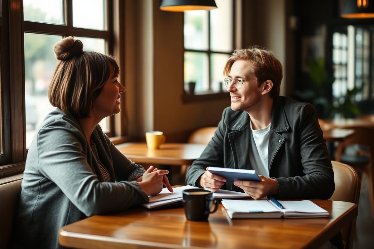 A ministry leader and a team member in a coaching conversation over coffee